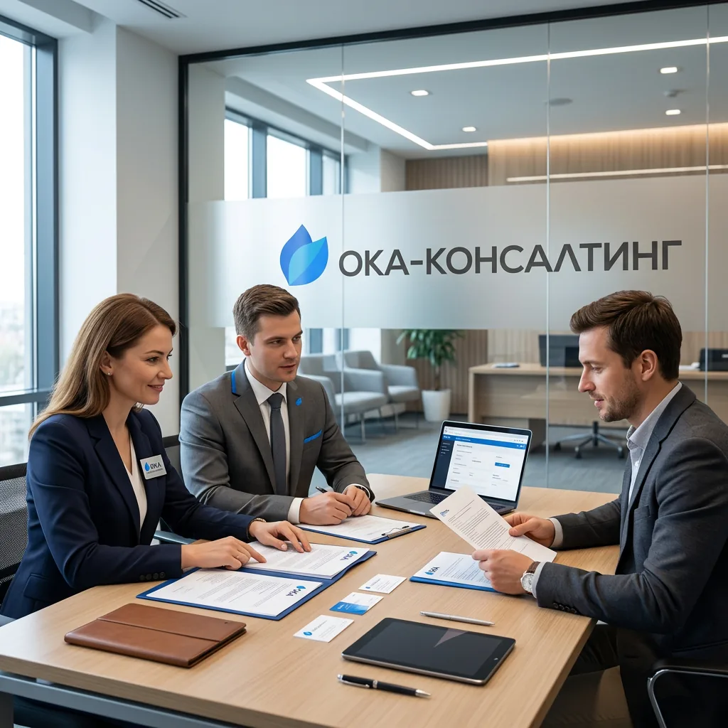 Специалисты бухгалтерской компании помогают клиенту с регистрацией ООО в современном офисе