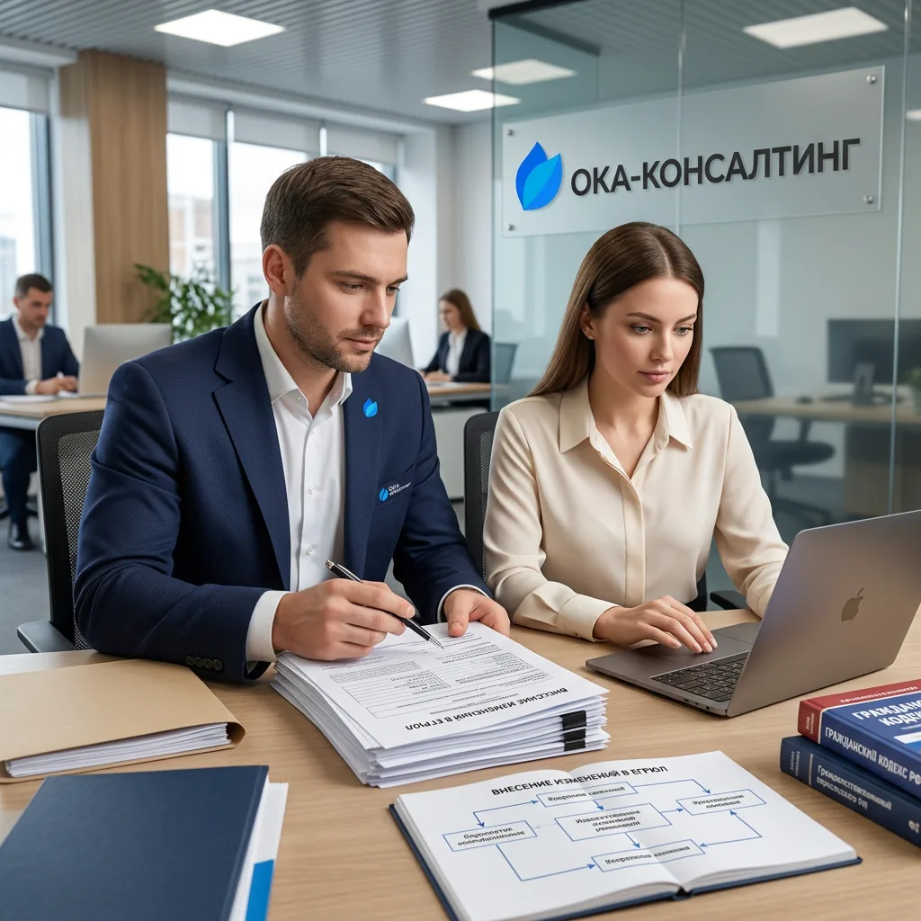 Специалисты бухгалтерской компании работают с документами для внесения изменений в ЕГРЮЛ